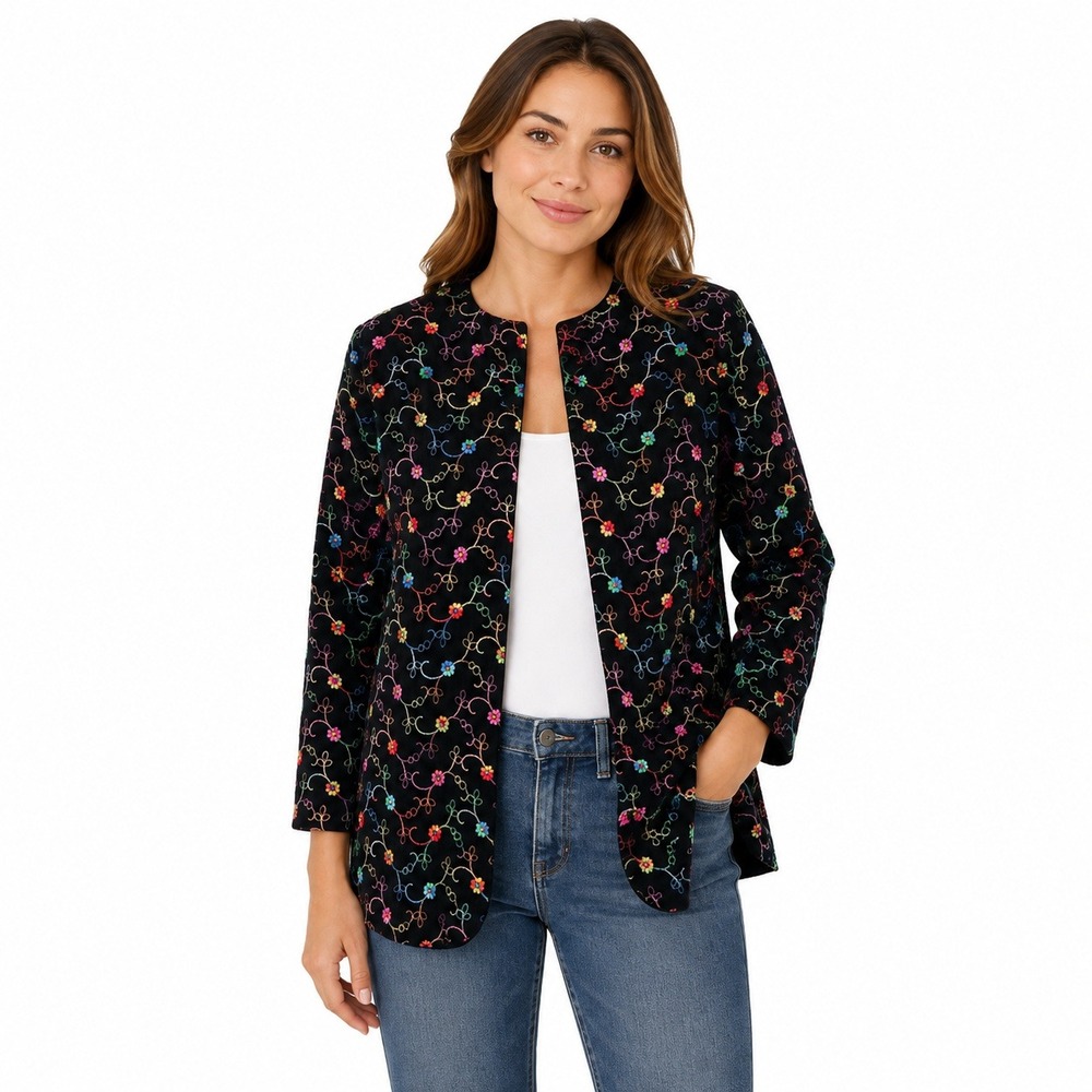 Lori of California Blazer Womens XL Black Velvet Rainbow Floral Embroidered Open